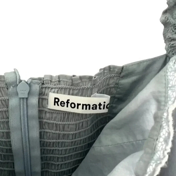 Reformation Paxton Puff Sleeve Lace Embroidered Mini Dress in Blue B004 - Picture 4 of 5